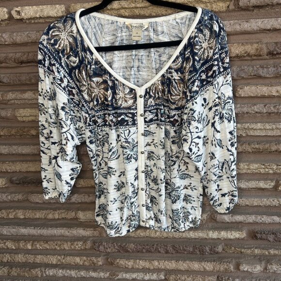 Lucky Brand Blue Tan Batik Boho Hippie Chic Peasant Top Size XSmall - Picture 9 of 9